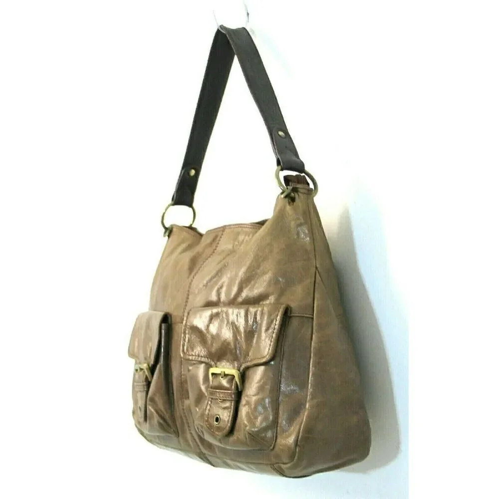 ROOMY Nino Bossi TAN BROWN GENUINE LEATHER ZIP TOP SHOULDER BAG HANDBAG PURSE